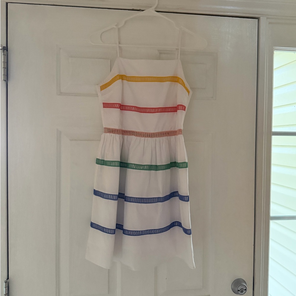 English Factory White Sundress with Yellow, Pink, Green, and Blue Stripes